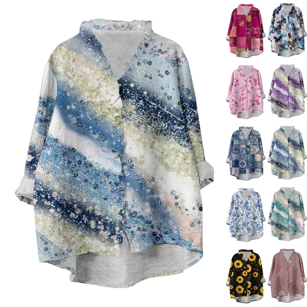 Women's Loose Ruffled Floral Print Stand Collar Long Sleeve Cotton And Linen Top