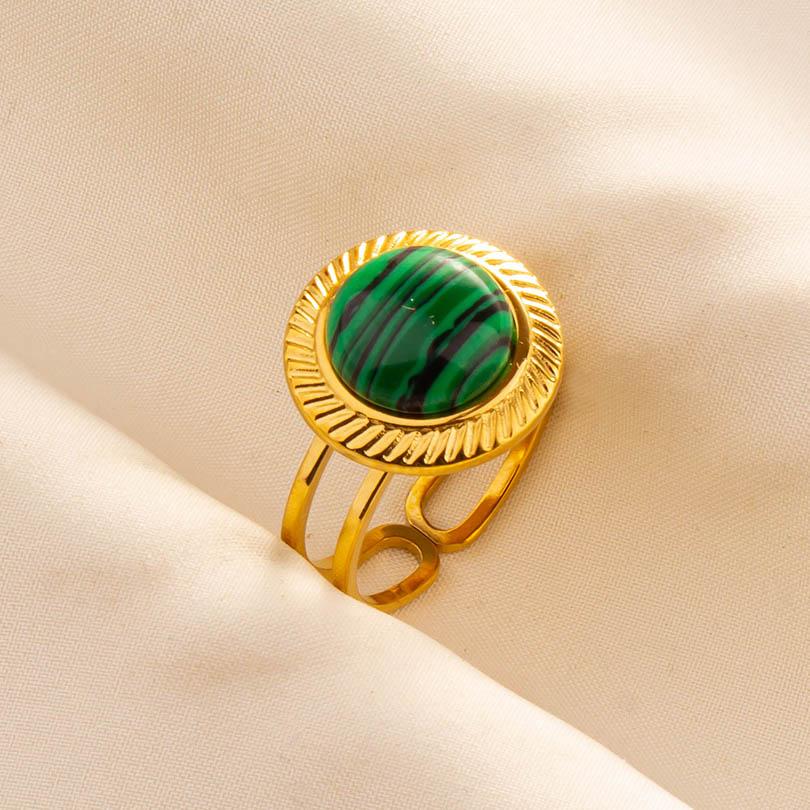 Green Striped Stone Vintage Gold Color Stainless Steel Open Adjustable Rings For Women Men Accessories Finger Jewelry Sun Flower