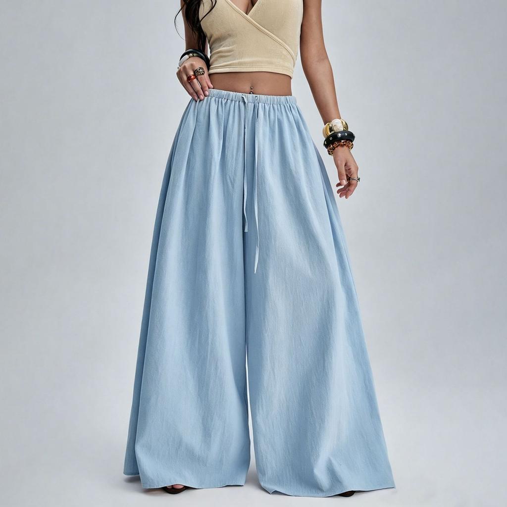Women Wide Leg Pants Drawstring Waist Casual Loose Fit Trousers Long Pants Comfortable Lightweight Fabric