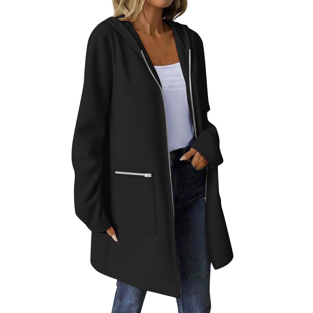 Women's Fashionable Solid Color Coat Long Sleeved Pocket Long Hoodies Zipper Casual Jackets Sweatshirts Clothes