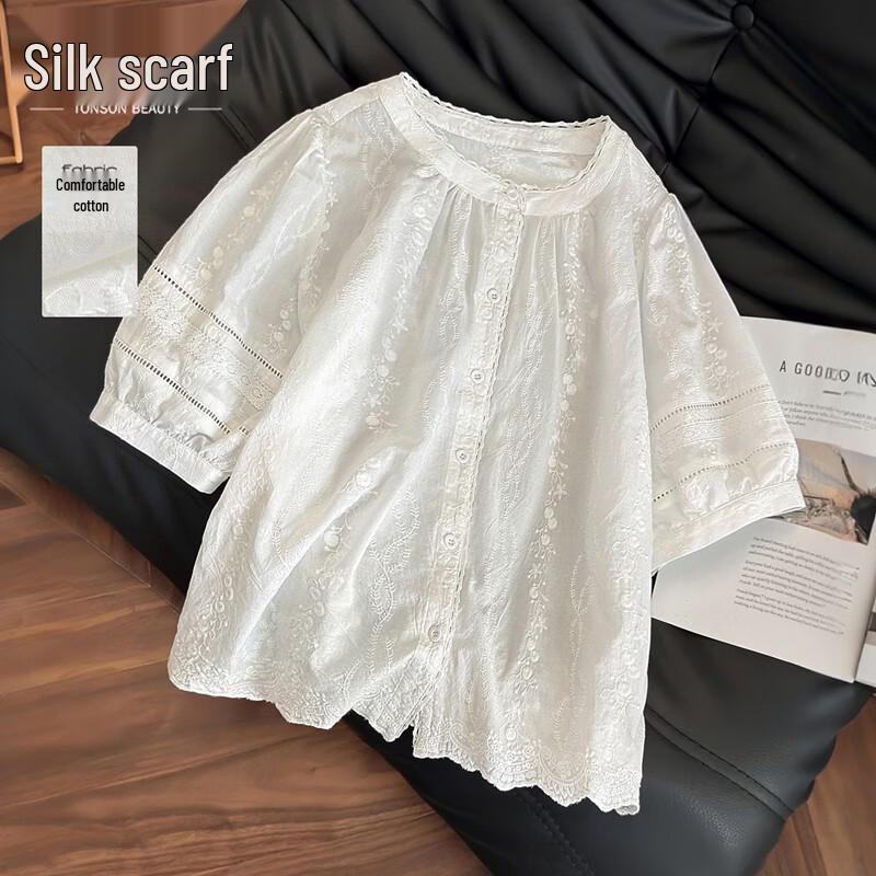 Women s Elegant Pure Cotton Lace Short Sleeve Shirt XL