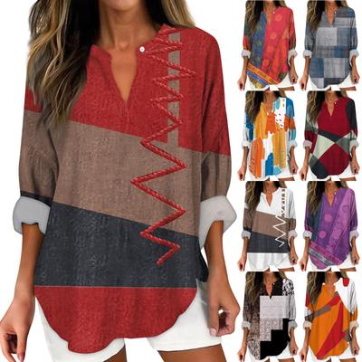 Women's Fashion Casual  Printed Drop Shoulder Long Sleeve V-Neck Women's Hemp Top
