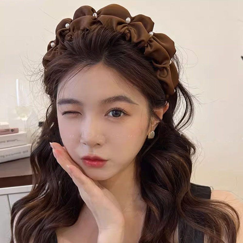 

Wide Wide-brimmed Wrinkled Headband Pearl Fold Satin Hair Hoop Sweet Girl
