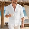 Mens Casual Long Sleeve Turn Down Collar Linen Beach Shirt