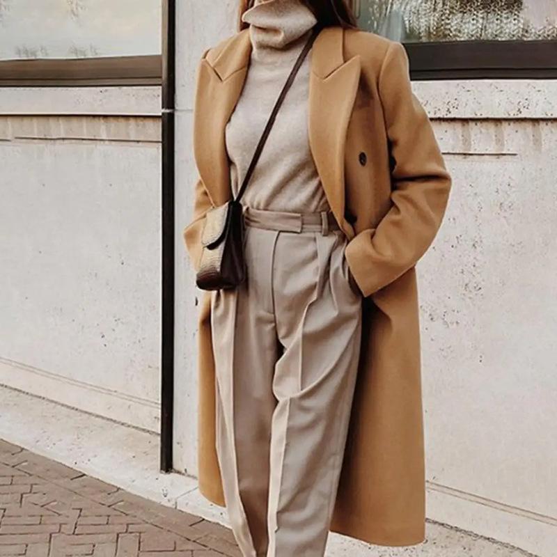 

Autumn and winter new women s clothing long-sleeved lapel solid color double-breasted slim-fit coat coat 5XL хакі