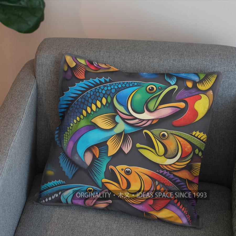 2D Colorful Fish Artistic Throw Pillow Cover Pattern Cushion Cover Suitable For Sofa Bedroom Car Pillow Cover