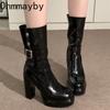Patent Leather Women High Heel Ankle Boots Fashion Belt Buckle Shoes Autumn Winter Ladies Mordern Short Booties