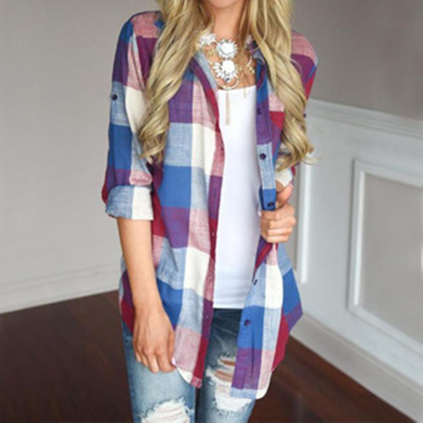 Women Long Sleeve Plaid Linen Shirt With Turndown Collar For Casual Office Wear