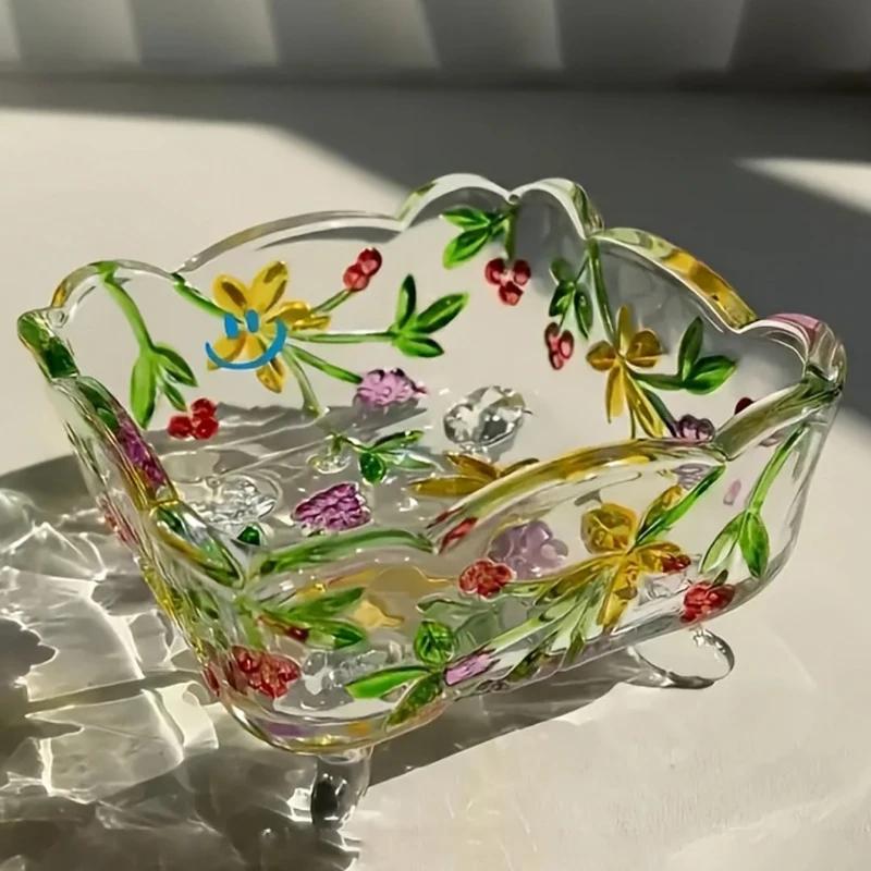 Стеклянная банка с резным узором из винограда, винтажная квадратная банка для конфет, пепельница, рельефная банка для хранения, шкатулка для украшений и декоративная XL