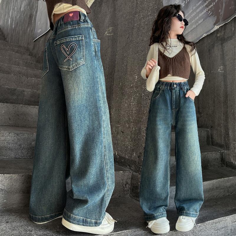 Weite Jeans für Teenager-Mädchen Frühling Koreanisch Lässig Retro Blaue Denim-Hose Mode Elastische Taille Hose für Kinder
