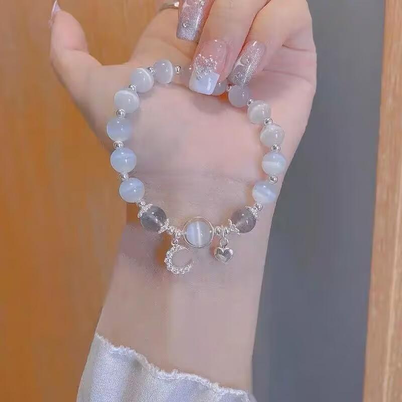 Grey Moonlight Cat s Eye Bracelet with Bell Pendant - Perfect Gift for Best Friends