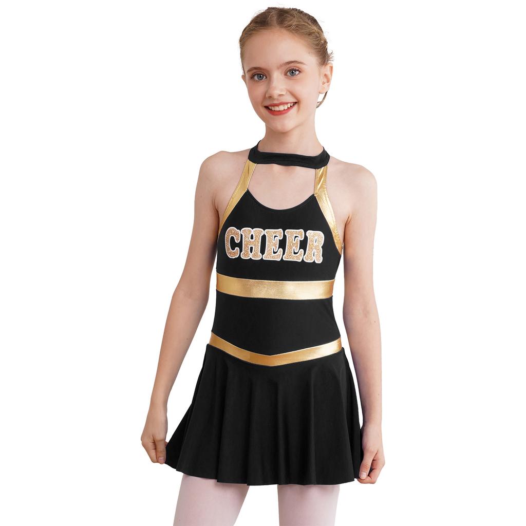 Girls Sleeveless Round Collar Letter Print Crisscross Straps Hollow Back Cheerleading Dance Dress