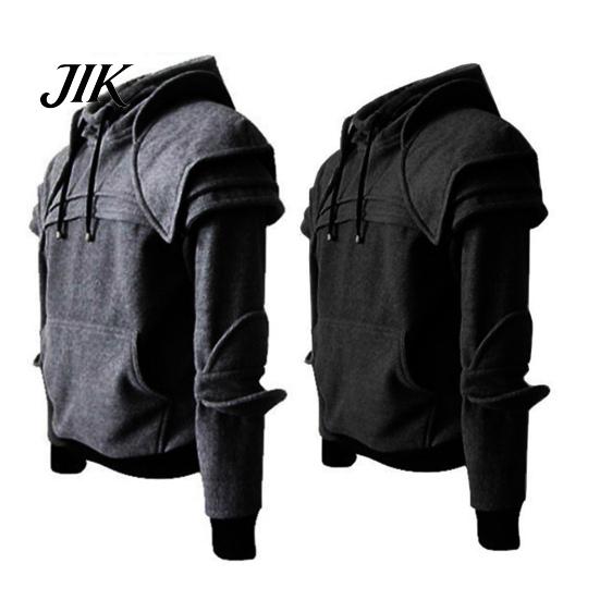 Hoodie Solid Color Front Pocket Pullover Medieval Style Face Cover Hooded Men Sweatshirt Halloween Clothing