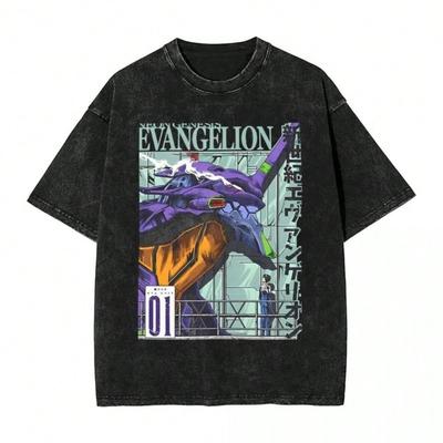 Neon Genesis Evangelion Jednostka-01 EVA-01 Vintage Wash Anime Luźna Czarna Koszulka z Grafiką, Shinji Ikari Klasyczny Mecha Streetwear