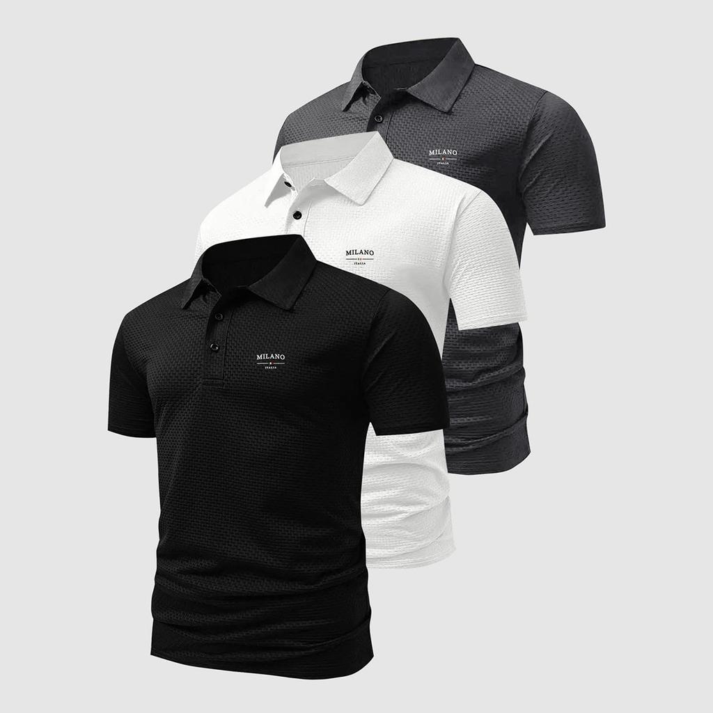 Herren 3er-Pack Waffelstrick Poloshirts MILANO Print Lässige Kurzarmtops Weich Dehnbar Tägliche Kleidung