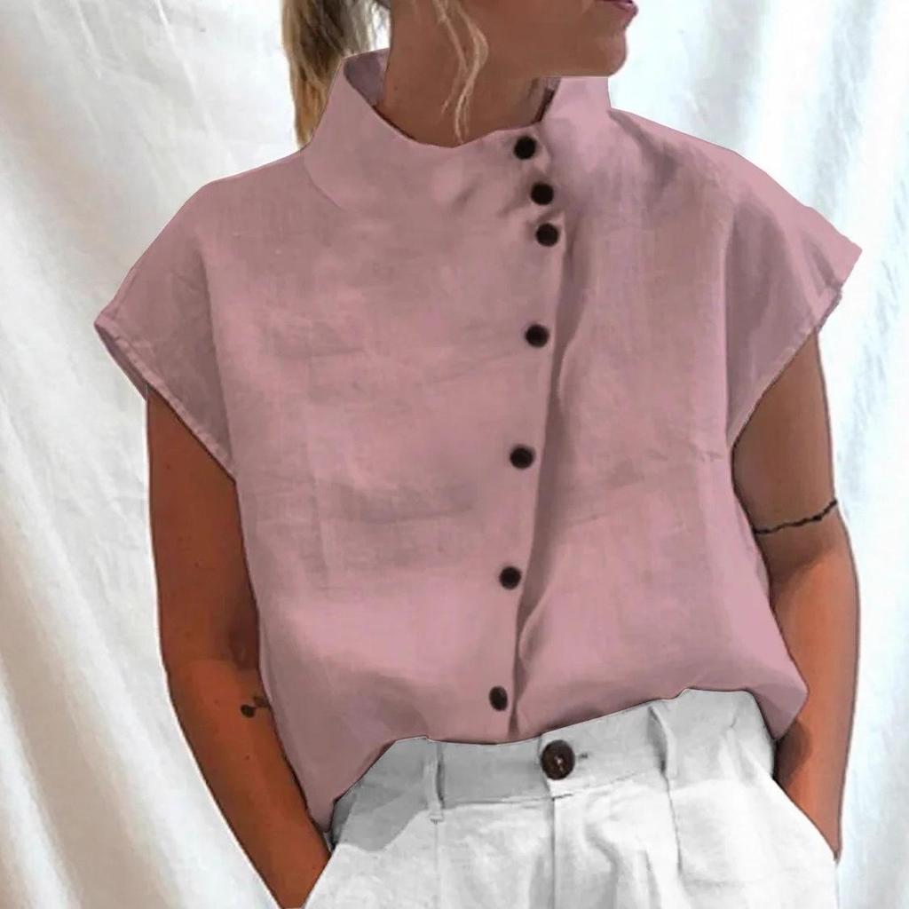 New Trendy Stand Collar Women's Short-Sleeve Button-Up Shirt