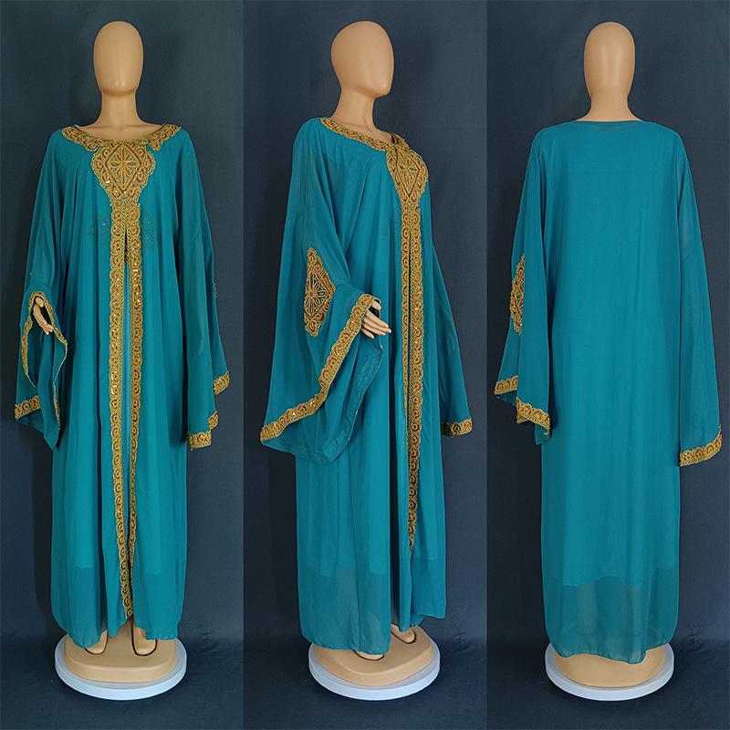 Embroidered Flared Sleeve Jalabiya with Gold Lace
