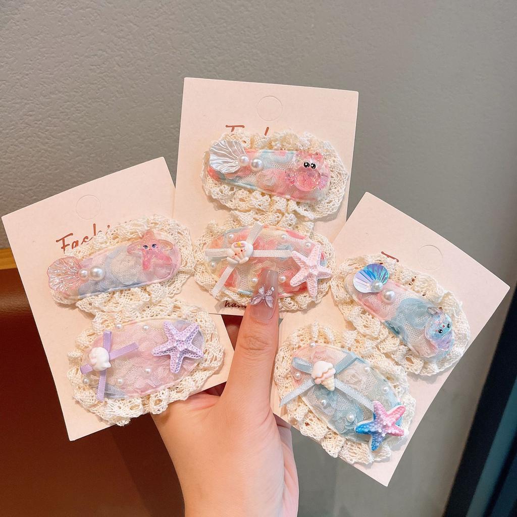 Spring And Summer Starfish Shell Lace Hairpin Children'S Sweet Broken Hair Bb Clip Baby Hair Accessories Hairpin Side Bangs Clip