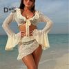 4Pcs/Set Women Sexy Swimsuit Halter Bra with Lace-up Briefs Set Ruffle Trim Beach Style Long Sleeve Cover Up Tops Skirt Set