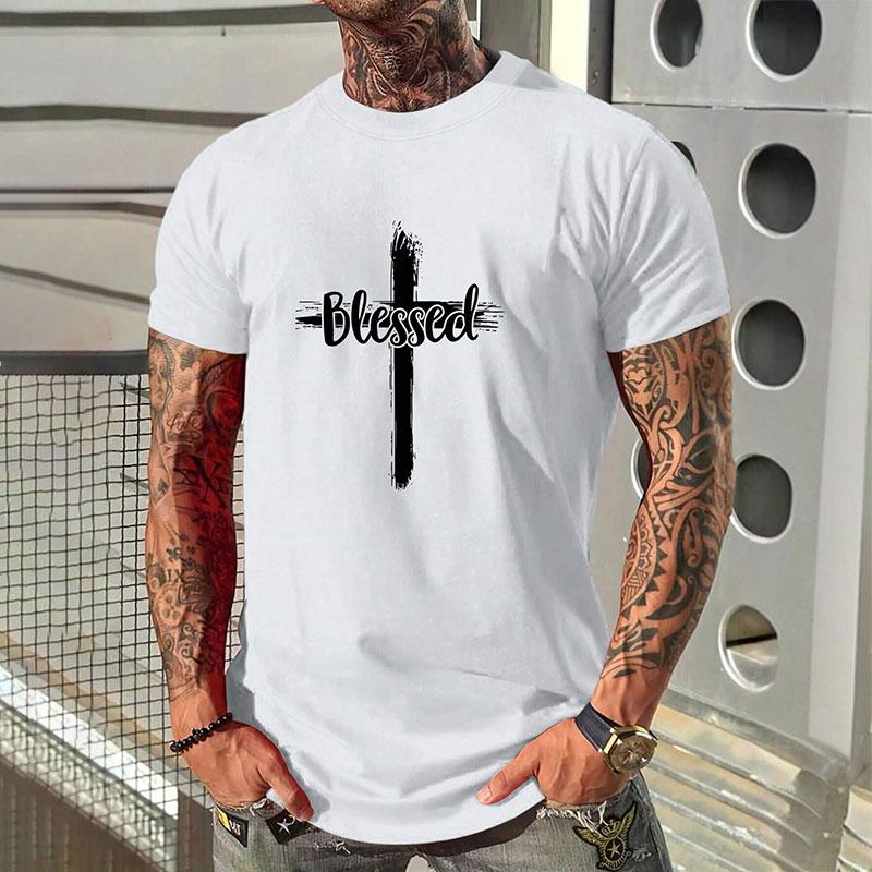 New Men's Fashion Short-sleeved Shirt Summer Comfortable Breathable Cross Print Round Neck T-shirt Sports Fitness Short-sleeved