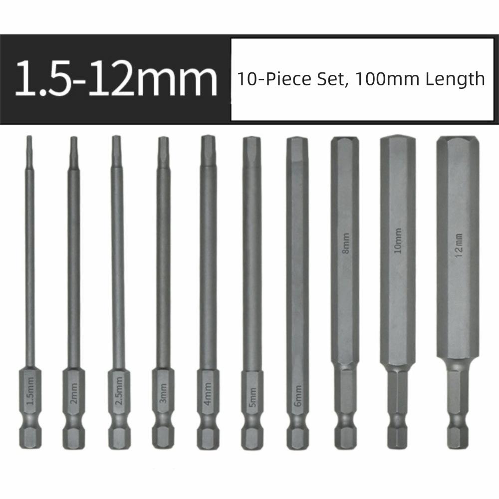 Tool Parts S2 Steel Hex Head Allen Wrench 1.5-12mm 100mm Length Allen Screwdriver Bits 1/4 Inch Screwdriver Bits Electric Drill