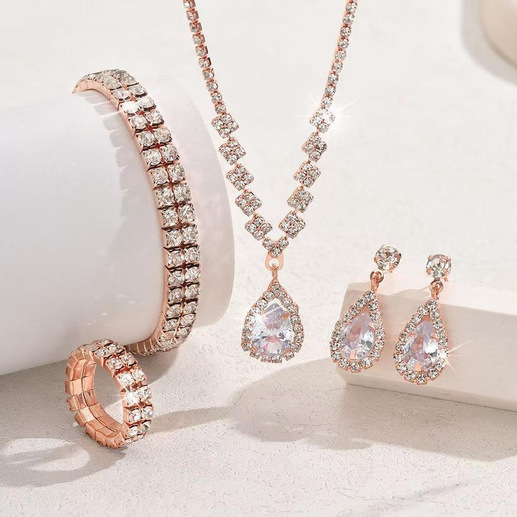 Full Rhinestone Drop Pendant Necklace and Earrings Set 4 - Piece Lightweight Alloy Jewelry for Daily Wear Party Gift