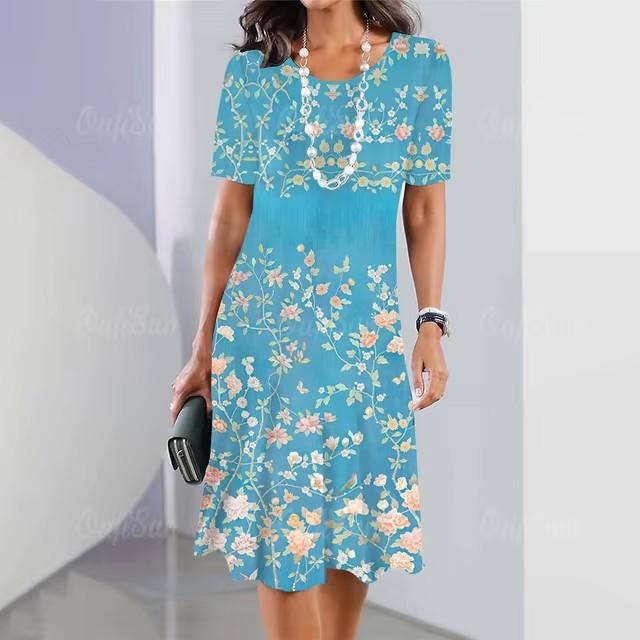 Elegantes Damen-Mode-Midikleid mit kurzen Ärmeln und 3D-Druck, Übergröße, Strandbekleidung