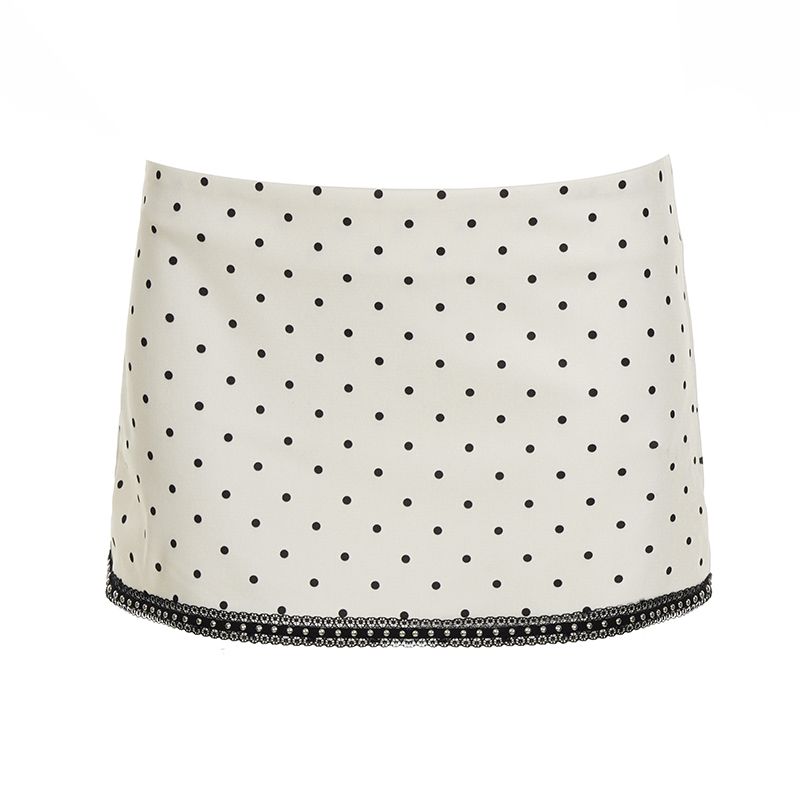 

European and American Women clothes French style Elegant Contrast Color Patchwork Hanging Neck Waist Sling + Low Waist Polka Dot Short dress Set Women Creamy-white Skirt L