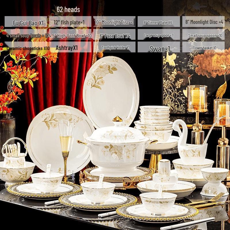 Lan Tuan Hand-painted Phoenix Bone China 62-Piece Dinnerware Set