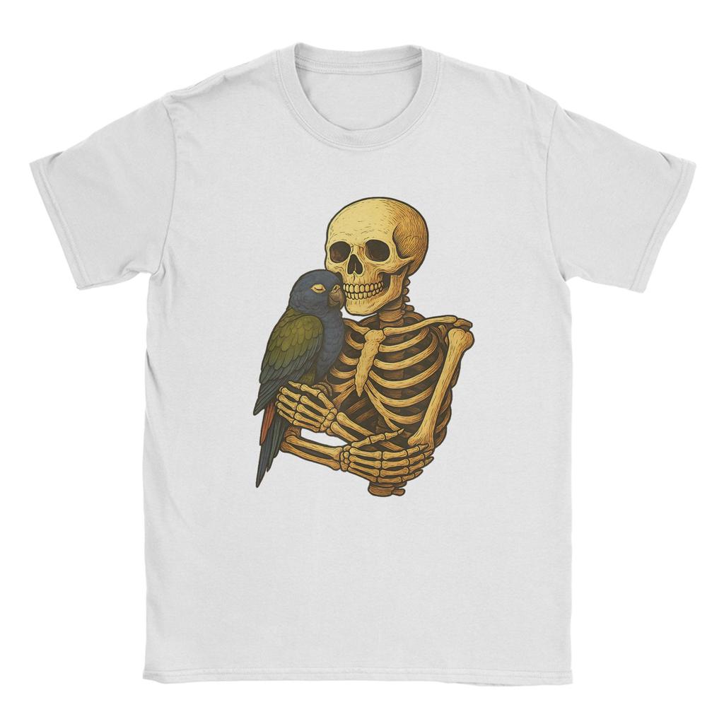 Skeleton Hugging Pionus Parrot Funny Halloween T-Shirt Men Vintage Cotton Tees O Neck Short Sleeve T Shirts Plus Size Clothes