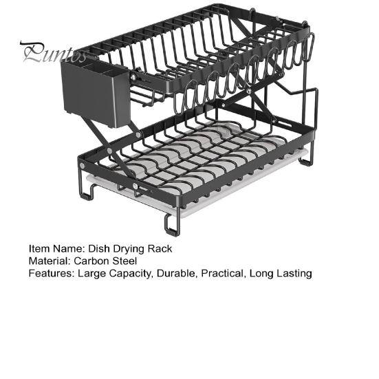 Drain Dish Rack with Wine Glass Holder Strong Load-bearing Height Adjustable 2-Tier Kitchen Counter Drying Rack Utensil Holder