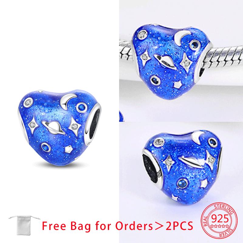 Copper Blue Zircon Heart Love Starry Sky Moon Stars Charms Beads Fit Diy Bracelet Women Jewelry Delicate Fine Gift