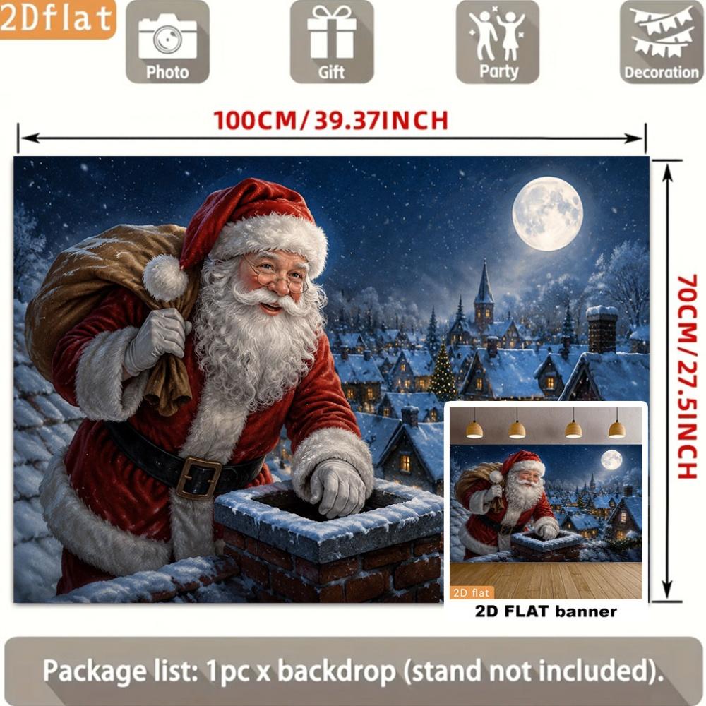Christmas Party Backdrop Banner, Santa Climbing Chimney Scene, Xmas Holiday Photo Background for Indoor Outdoor Party Decor