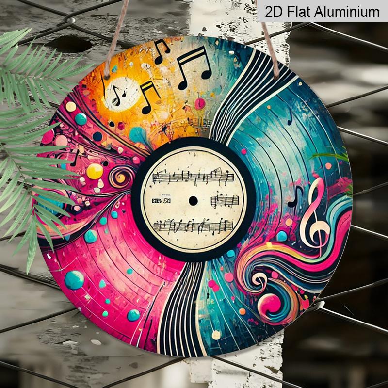 2D Flat, 1pc Vibrant Vinyl Record Round Aluminum Metal Sign, Abstract Music Notes & Swirl Art Design, Durable Weatherproof Wall Decor, Perfect for