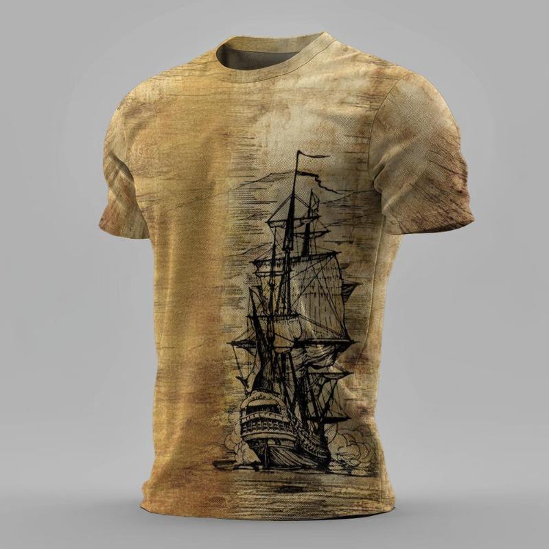 Summer Men Classic Vintage Sailing Pattern 3d Printed T-shirt Short Sleeve Loose Breathable Man T Shirt Plus-Size Casual Top