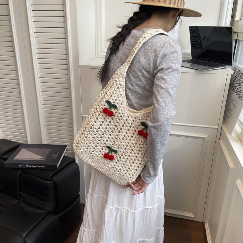 Charming Crochet Tote Bag with Cherry Embellishments – Handmade Summer Beach Bag for Women