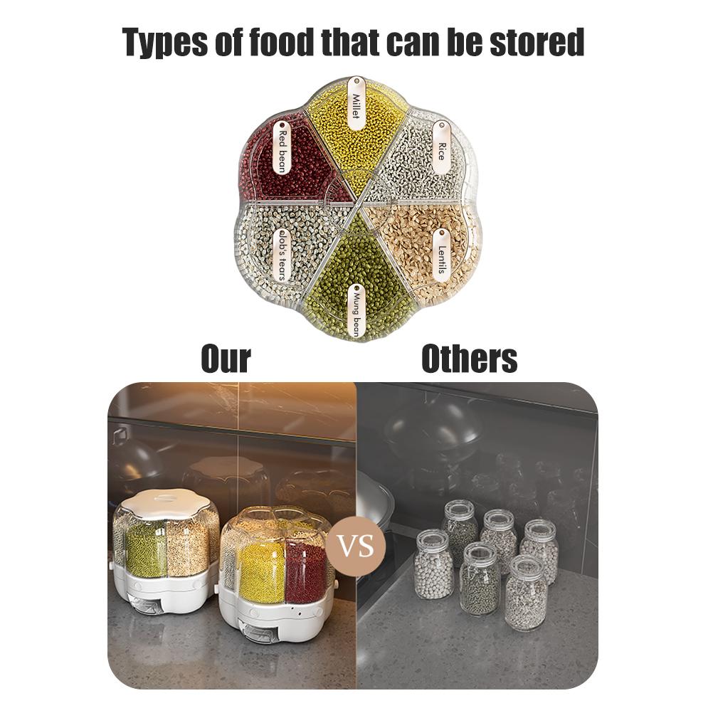 Food Grain Storage Container Large Capacity 6.5L 6 Grid Rotatable Rice Dispenser Sealed Grain Food