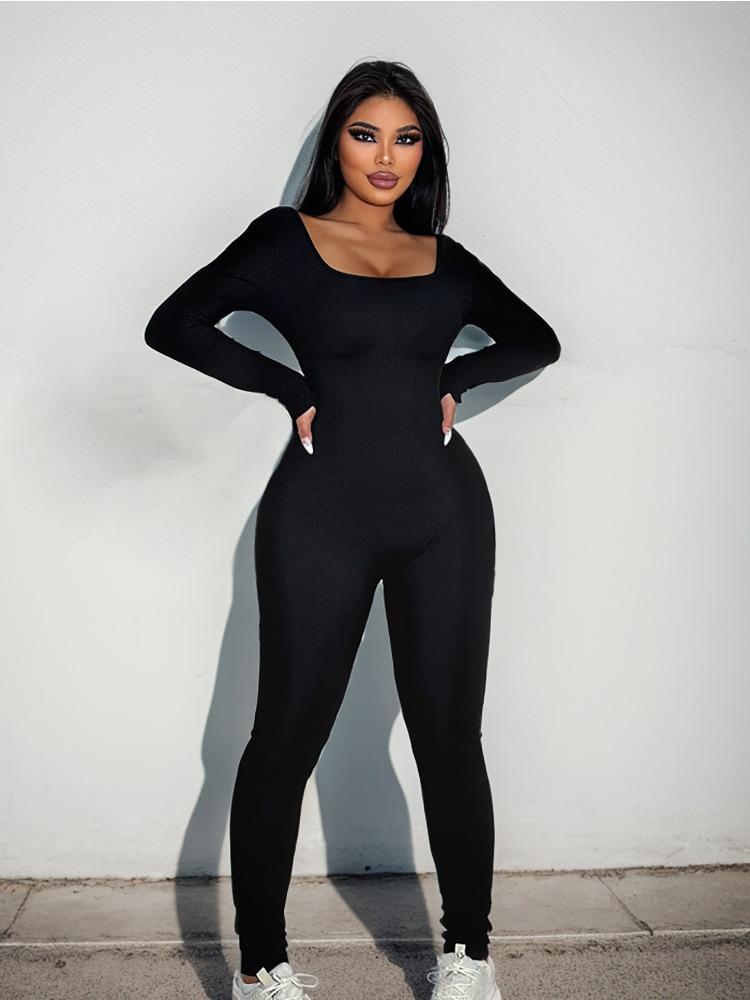 Square Neck Solid Color Ribbed Yoga Sports Pants Women Tight Sexy Cuffed One Piece Jumpsuit Fashion Beach Vacation Elegant Outfit