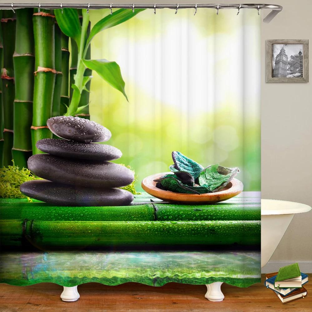 3D Flower Bamboo Pebble Water Green Plant Shower Curtain Waterproof Polyester Curtain Home Decoration Shower Curtain Zen Curtain
