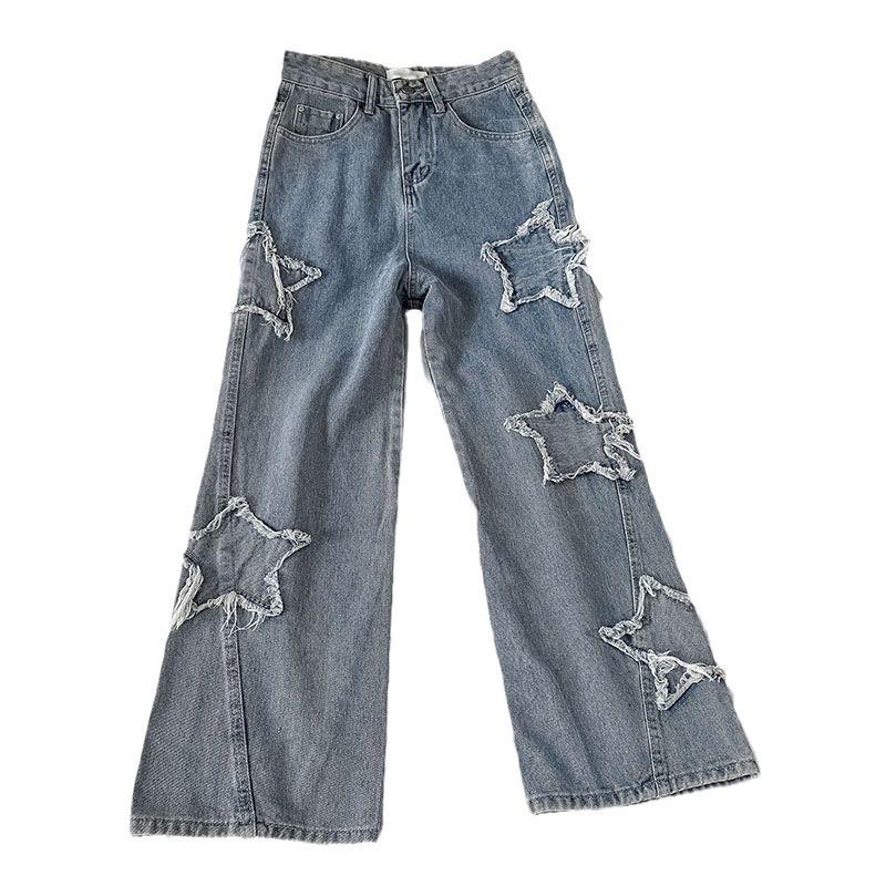 Women's High Waist Embroidered Star Wide Leg Jeans - Trendy American Spring/Autumn Design