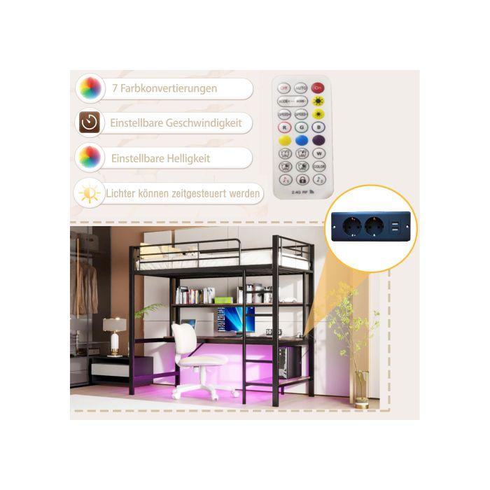 Łóżko dziecięce - MUVOE - Łóżko piętrowe 90x200 cm - Metal i MDF - Oświetlenie LED - Wbudowane gniazda USB