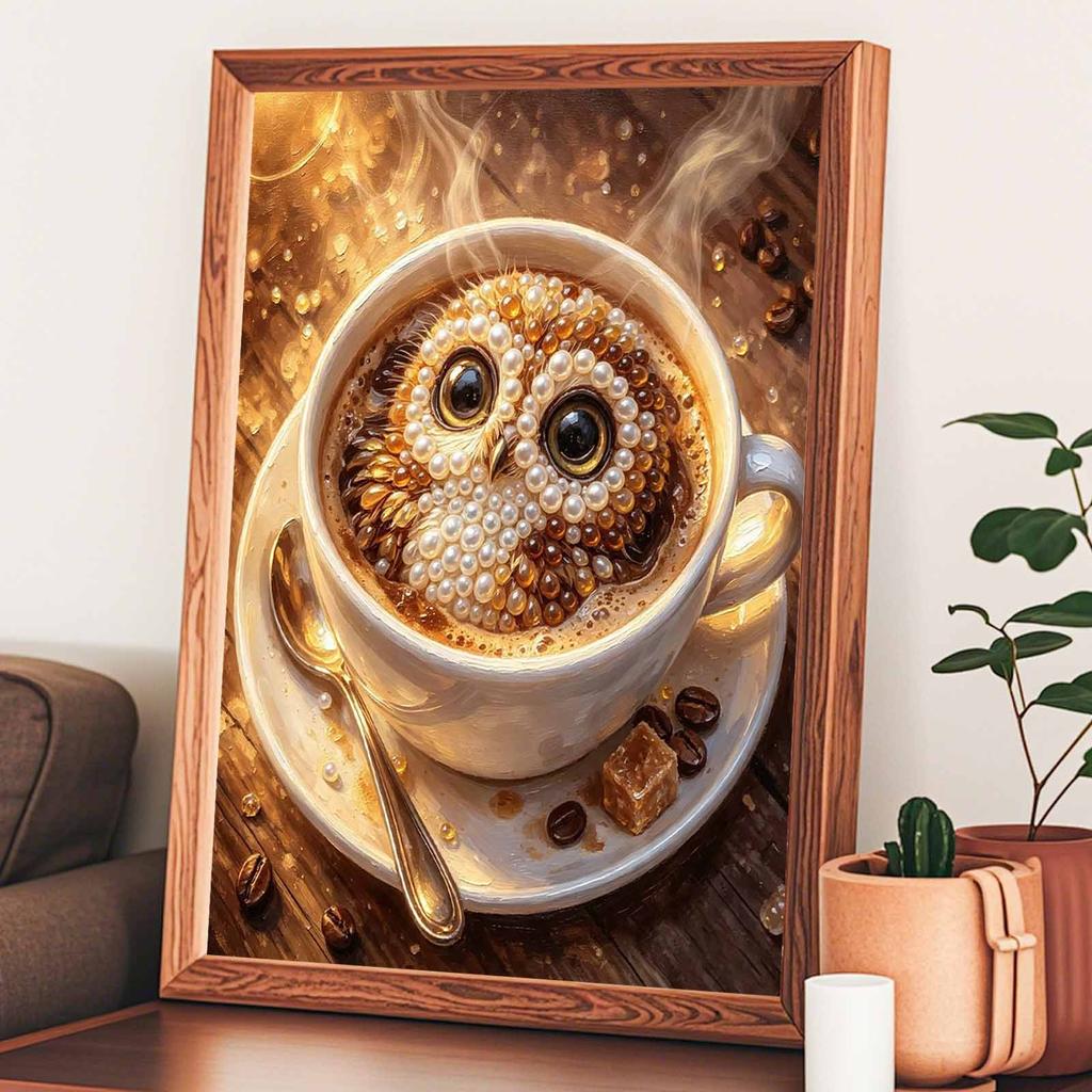 Framed Pearl Bead Painting Kit Owl Coffee Design DIY Shiny Canvas Art Relaxing Craft Gift for Craft Lovers Creative Handmade Decoration Projects