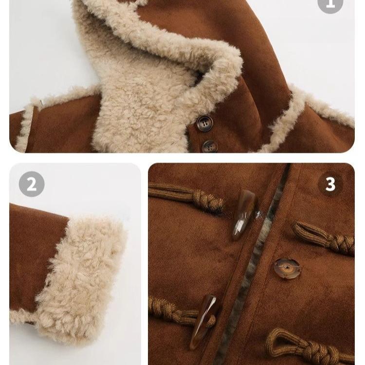 Cappotto Vintage in Lana d'Agnello da Donna Inverno Caldo Largo Ispessito Giacca in Pelliccia Sintetica con Bottoni a Corno