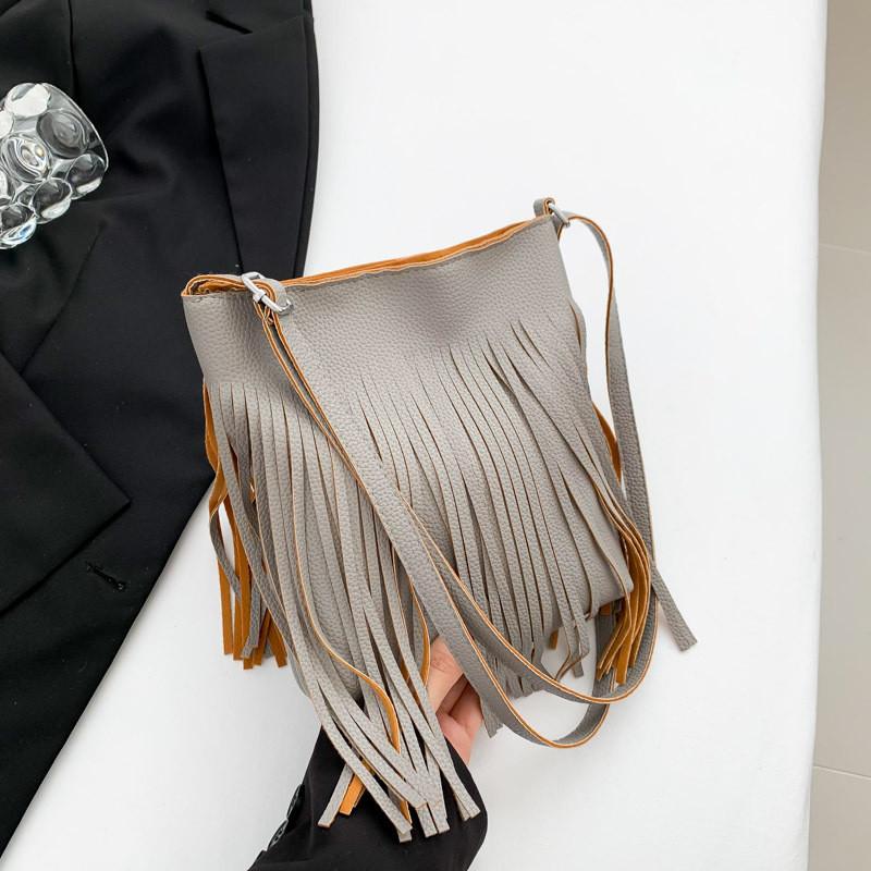 Vintage Style Bucket Bag For Women With Trendy Fringes And Casual Design In Black Gray Brown Pink And White