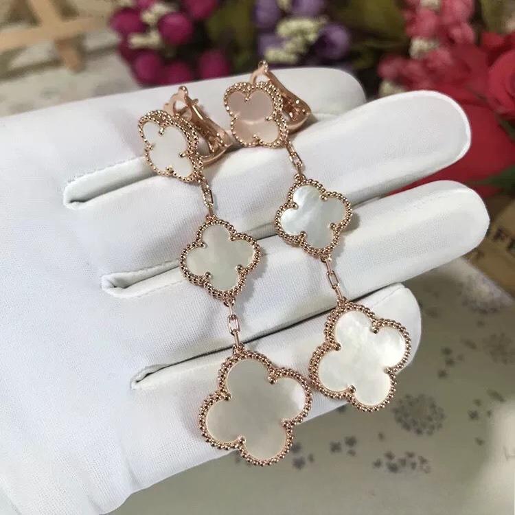 High-quality Four-leaf Clover Earrings Featuring Large and Small Flowers with White Mother-of-pearl A Versatile and Fashionable Accessory