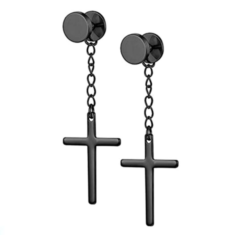 WKOUD 2PCS Stainless Steel No Piercing Cross For Men Kpop Clip On Cross Earring Gothic Punk Fake Ear Cuff Cross Earring Dangle