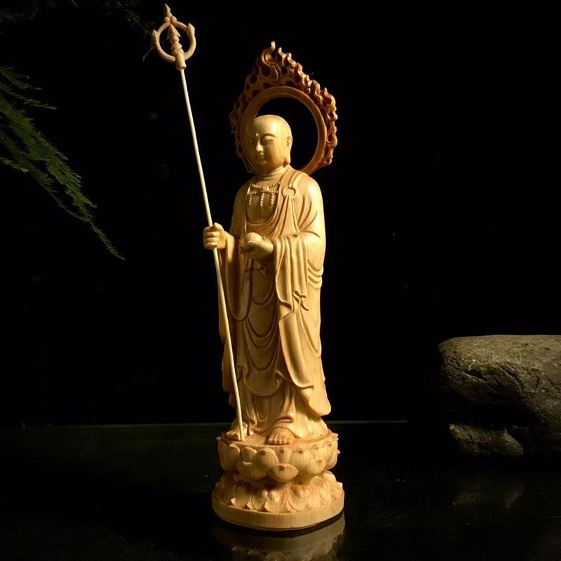 Naturlig Sypress Ksitigarbha Bodhisattva Statue - Buddhistisk Figur for Hjemmerom Kontor Feng Shui Dekorativt Ornament