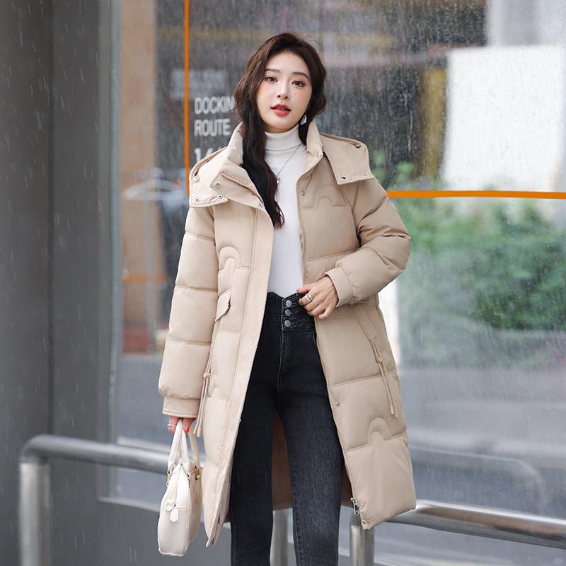 Long Hooded Eiderdown Cotton-padded Jacket Female Winter Korean Commuter Single Color Waist-covering Padded Coat