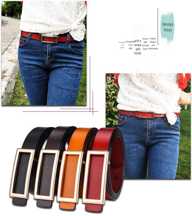 Cinturón de cintura rectangular de cuero genuino para mujer con hebilla lisa - Cinturón versátil casual de piel de vaca para pantalones