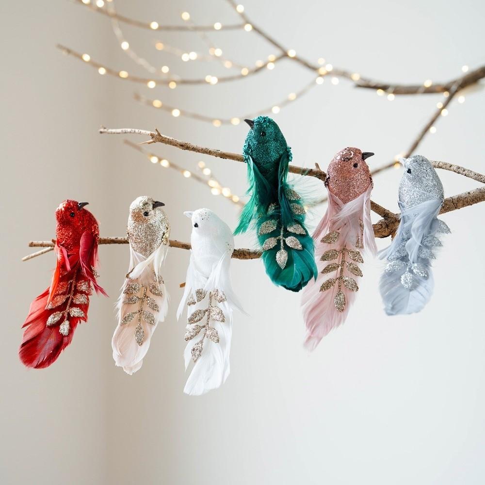 1pair Long Feather Tail Artificial Bird Ornament Glitter Finish Feather Bird Pendant Christmas Tree